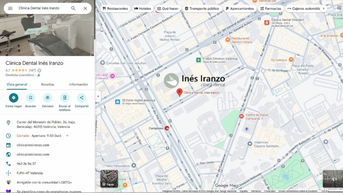 MAPA GOOGLE CLÍNICA DENTAL INÉS IRANZO
